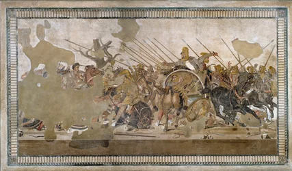Slaget vid Issos som Alexander III den store vann mot Darios (Darius) III Codoman (335 - 331 f.Kr.) - Mosaik av Pompei -