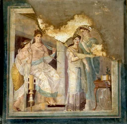 Toalettscen och en dams klädsel: slavar ordnar en flickas hår. Från Herculaneum (Fresk)