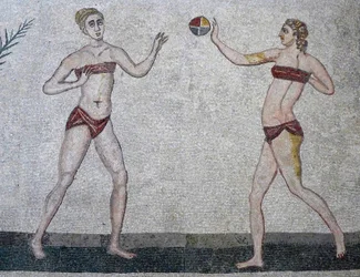 Unga kvinnor i bikini, Villa Romana del Casale, Sicilien, 315-350 AD (mosaik)