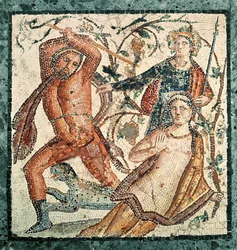 Lykurgos angriper nymfen Ambrosia, mosaik från Herculaneum (50-79 e.Kr.)