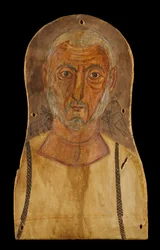 Äldre man flankerad av egyptiska gudar, x.250 AD (tempera på platan)