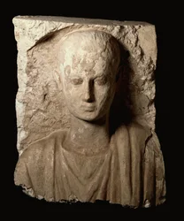 Fragment från ett monument snidat med överkroppen av en ung pojke, koptisk period, ca 300 e.Kr. (kalksten)