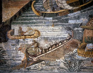 En romersk bireme (en sorts galere har två rader) Detalj av en mosaik i Palestrina.