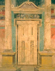 Aeacus vägg med scenografisk freskdekoration med falsk dörr, från Roman Villa of Boscoreale (Neapel), romersk civilisation,