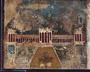 Forntida romersk fresk med arkitektoniska teman från Pompeji