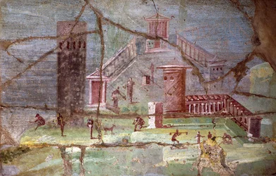 Forntida romersk fresk med landskap från Pompeji