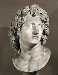 Byst av Alexander den store (356-323 f.Kr.), kung av makedoinerna och erövrare av Persien. Romersk kopia av ett grekiskt original, marmorskulptur. Capitoline Museum, Rom