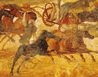 Detalj från fresk som porträtterar qurigas race, från Pompeji, Italien