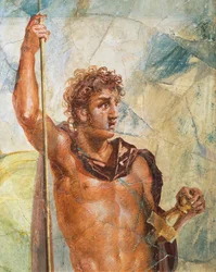 Detalj av en fresk föreställande Alexander, från Alexanders (Ares) och Stateiras (Aphrodites äktenskap), Regio 6 Insula Occidentalis 39, Pompeji (UNESCO:s världsarvslista)