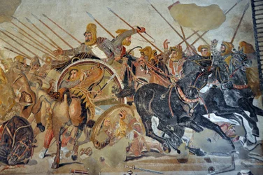 Detalj av en mosaik från Pompeji: slaget vid Issos mellan Alexander och Dareios (4:e århundradet f.Kr.). Kung Dareios III Kodomannos (380-330 f.Kr.), förtvivlad på sin stridsvagn. Opus vermiculatum. Nationella arkeologiska museet i Neapel, Italien.