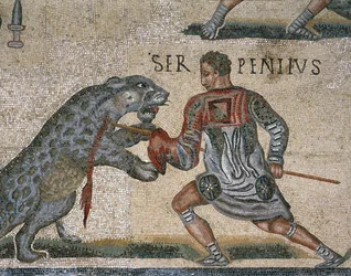 Detalj av en mosaik av en gladiatorkamp, ursprungligen från Torre Nuova