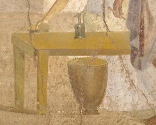 Detalj av fresk som visar en offermåltid, De förgyllda amorernas hus, Pompeji , Kampanien, Romersk civilisation