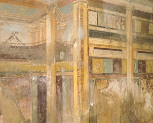 Detalj av fresk, del av väggdekorationer, House of Labyrint, Pompeji, Kampanien, romersk civilisation
