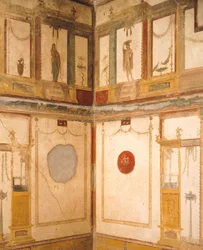 Detalj av fresker som dekorerar rummet, House of Vettii, Pompeji, Kampanien, romersk civilisation