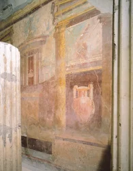 Detalj av fresker i tricliniumhallen, labyrinthuset, Pompeji, Kampanien, romersk civilisation