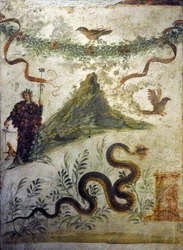 Dionysos vetu av druvklasar som står framför berget Vesuve - Fresk från Pompei, casa diel centenario (hundratalets hus) - Neapel, Arkeologiska museet