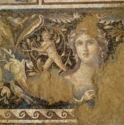 Golv från en romersk villa i Zippori (Nasaret) föreställande scener från Dionysos liv, detalj av ansiktet på en kvinna känd som Mona Lisa från Galileen, 3:e-4:e århundradet e.Kr. (mosaik)