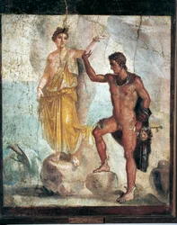 Fresk föreställande Perseus och Andromeda från Pompeji i Kampanien, Italien, måleri på puts, 55-79 e.Kr.