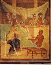 Fresk föreställande och A.D.metus och Alcestis rådgivande orakel, från House of Tragic Poet, Pompei, Italien