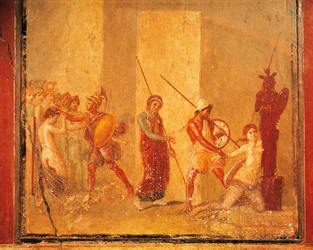 Fresk som visar mötet mellan Priam, Menelaos och Helen i det kungliga palatset, Pompeji, Kampanien, romersk civilisation