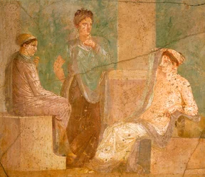 Fresko, joka kuvaa ryhmää roomalaisia naisia keskustelussa, House of Ancient Hunt, Pompejista, Campaniasta, roomalaisesta sivilisaatiosta