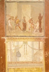 Fresk föreställande mötet mellan Priam, Menelaos och Helen och Arisace som jagar Cassandra, från House of Menander, Pompeji, Kampanien, romersk civilisation
