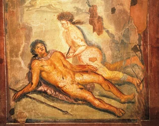 Fresk som skildrar myten om Pyramus och Thisbe, Loreio Tiburtinos hus, Pompeji, Kampanien, romersk civilisation