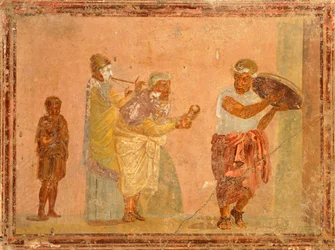 Fresk föreställande resande musiker, från Pompeji, Kampanien, romersk civilisation