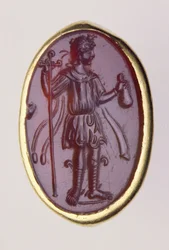Intaglio i en guldring föreställande ung mansfigur, 2:a århundradet f.Kr. (guld & sard)