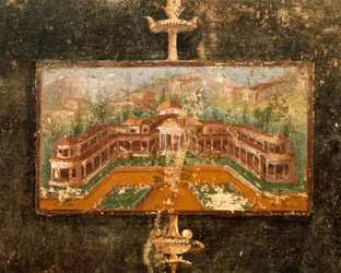 Landskap och arkitektur i väggmålning i tablinum, 3:e Pompeiansk stil, Marco Lucrezio Frontos hus, från Pompeji, Kampanien, Italien
