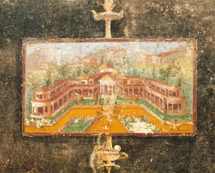Landskap och arkitektur i väggmålning i tablinum, Marcus Lucretius Frontos hus, Pompeji, Kampanien, romersk civilisation