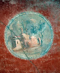 Medaljong som visar landskap på gul bakgrund, fresk från House of Menander, Pompeji, Kampanien, romersk civilisation
