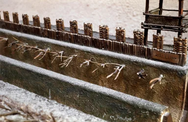 Modell som återger belägringen och slaget vid Alesia i september 52 f.Kr. av Jules Cesar som såg Vercingetorix nederlag. Detalj som representerar försvarssystemet byggt av Cesar. Rom, Museo della Civilta Romana