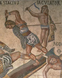 Mosaik med en scen av kämpande gladiatorer, detalj av en gladiator klädd i rustningar