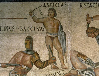 Mosaik med en scen av kämpande gladiatorer, detalj av en gladiator klädd i rustningar