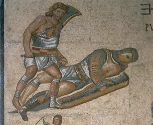 Mosaik med en scen av kämpande gladiatorer, detalj av en gladiator klädd i rustningar