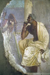Neapel, freskfragment av skådespelare med mask, från Pompeji,