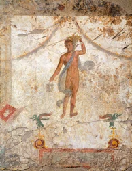 Målning i den fjärde pompeianska stilen föreställande ett geni med en korg och situla
