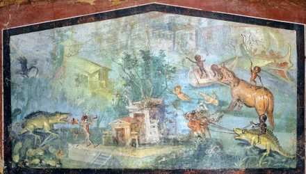 Målning på gips föreställande en nilotisk scen med pygméer som attackerar krokodiler och flodhästar, 75x127 cm, från Pompeji (UNESCO:s världsarvslista