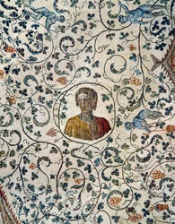 Porträtt av Constanza, dotter till kejsar Konstantin den store, med druvskördande putti (mosaik)