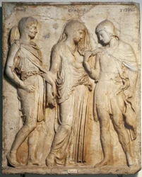 Romersk konst: ”Orfeus, Eurydike och Hermes”. Marmorrelief efter ett grekiskt original. Neapel, Museo Archeologico Nazionale