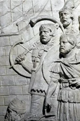 Romersk konst: "" Romerska krigare under det första kriget i Dacia"" Form från 1862 som återger basrelieferna av kolonn Trajanus (kolonn Trajanus) (Colonna Traiana) i Rom byggd under kejsar Trajanus (53-117) regeringstid. . Trajane-kolumnen firar minnet av