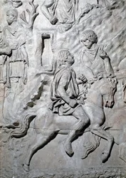 Romersk konst: "" trodde en numid ryttare"" Mögel från 1862 som återger basrelieferna från Trajanus kolumn (kolonn Trajanus) (Colonna Traiana) i Rom byggd under kejsar Trajanus regeringstid (53-117). Trajane-kolonnen firar minnet av den segrande kammen