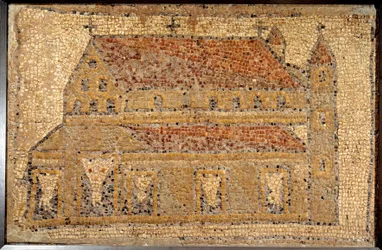 Romersk konst: mosaik av en basilika representerad i perspektiv, 2:a hälften av 400-talet, Nära Östern - Paris, Louvren - Romersk konst: mosaik av Qabr Hiram nära Tyrus i Fenicien, från en tidig bysantinsk (paleokristen) kyrka ägnad åt Saint Christop
