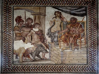 Romersk konst: "" Admete, kung av Pheres i Thessalien, efter att ha tämjt en galt och ett lejon, ber Pelias, kung av Iolcos, om sin dotter Alcestes hand"" Mosaik av Admetes bröllop. Nimes, Museum of Fine Arts