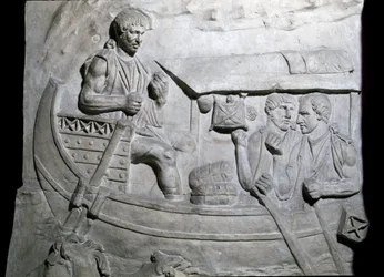 Romersk konst: "" Romerska soldater på ett skepp under det första kriget i Dacia"" Form från 1862 som återger basrelieferna av kolonnen Trajanus (kolonn Trajanus) (Colonna Traiana) i Rom byggd under kejsar Trajanus regeringstid (53) -117). Trajane-kolumnen