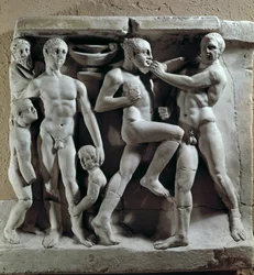 Romersk konst: boxningsscen. Låg lättnad. Museum för romersk civilisation, Rom