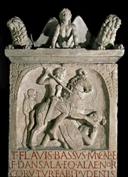 Romersk konst: begravningsstele för aristokraten och den romerske politikern Flavius Bassus Herculanus (känd omkring 449-452) 500-talet e.Kr. Rom, Museo della Civilta Romana
