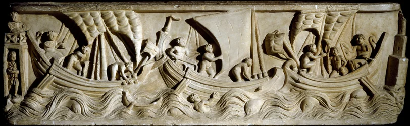 Romersk konst: "" navigationsscen"" Lågrelief från Via Labicana i Rom. Rom, Musee de la Civilta Romanesque