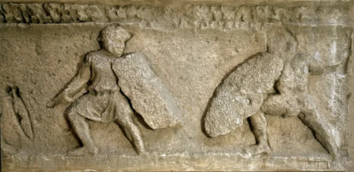 Romersk konst: scen för strid mellan romare och galler. Reproduktion av en fris av Orange Arch. Rom, Museo della Civilta Romana